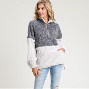 Two Tone Turtle Neck Fuzzy Pull Up Zipper Sweater